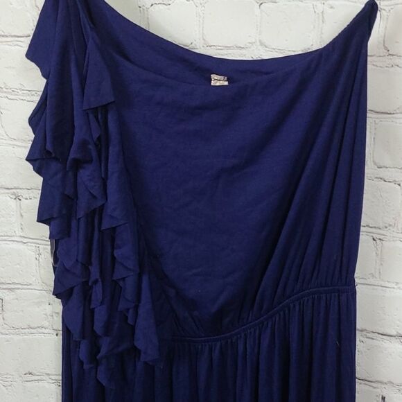 Modcloth Vertical Wave Navy Blue Ruffled Maxi Dress One Shoulder Fit & Flare - Picture 3 of 9